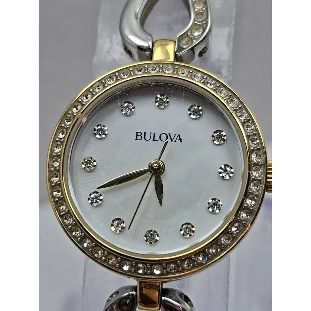 Bulova Womens Crystal Two Tone Bracelet Watch White MOP Dial New Battery Quartz